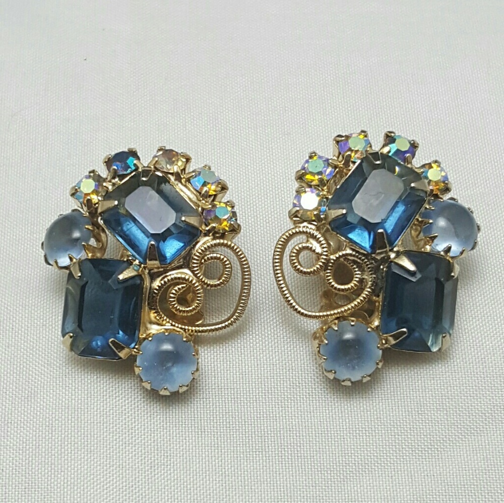 Vintage Juliana Blue AB & Moon Rhinestone Earrings - Picture 2 of 8